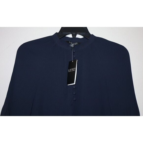 Lauren Ralph Lauren Women's Sz Small Navy Blue Pleated Georgette L/S Blouse $135 - Picture 3 of 5